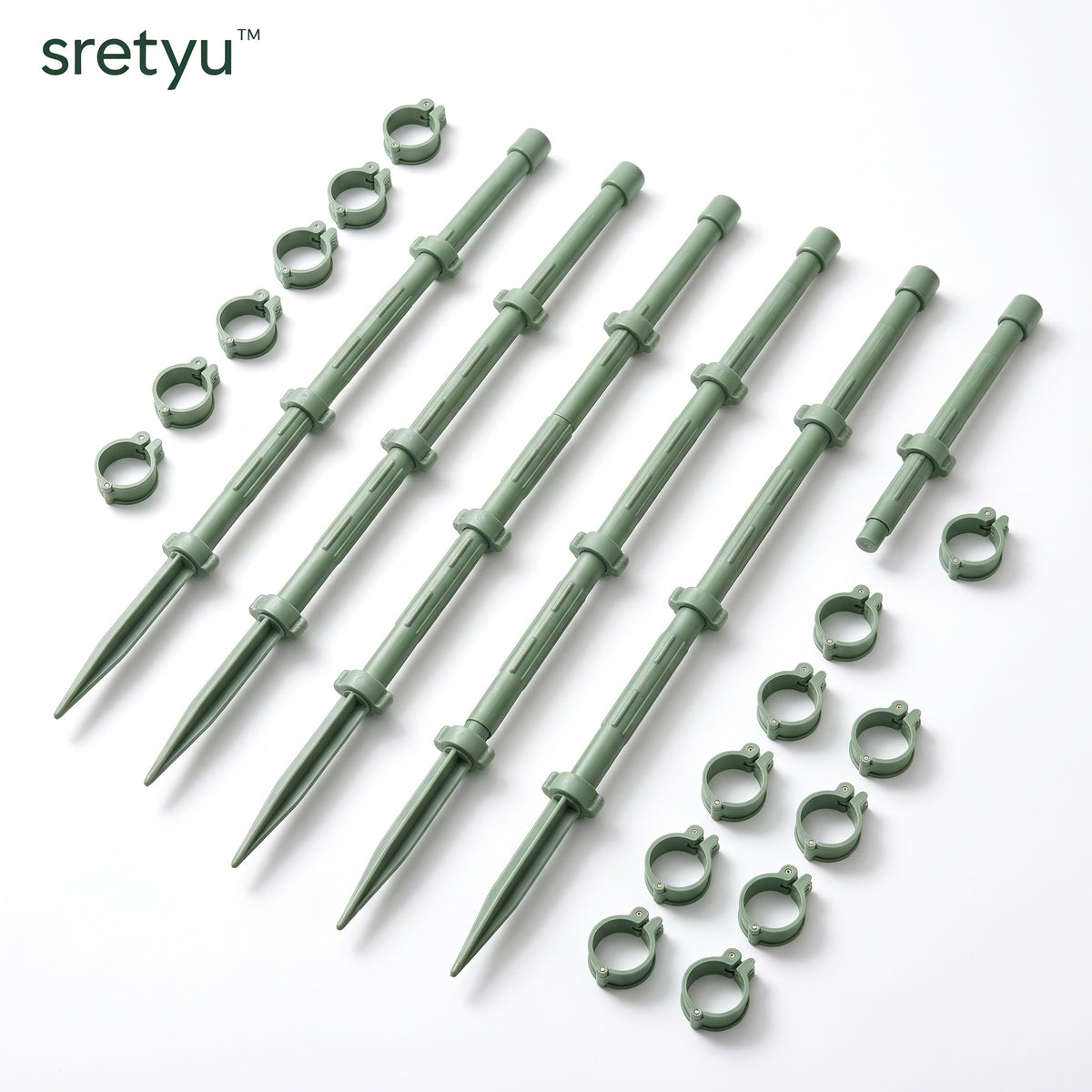 sretyu six sage-green adjustable plant support stakes and eighteen clips on a white background