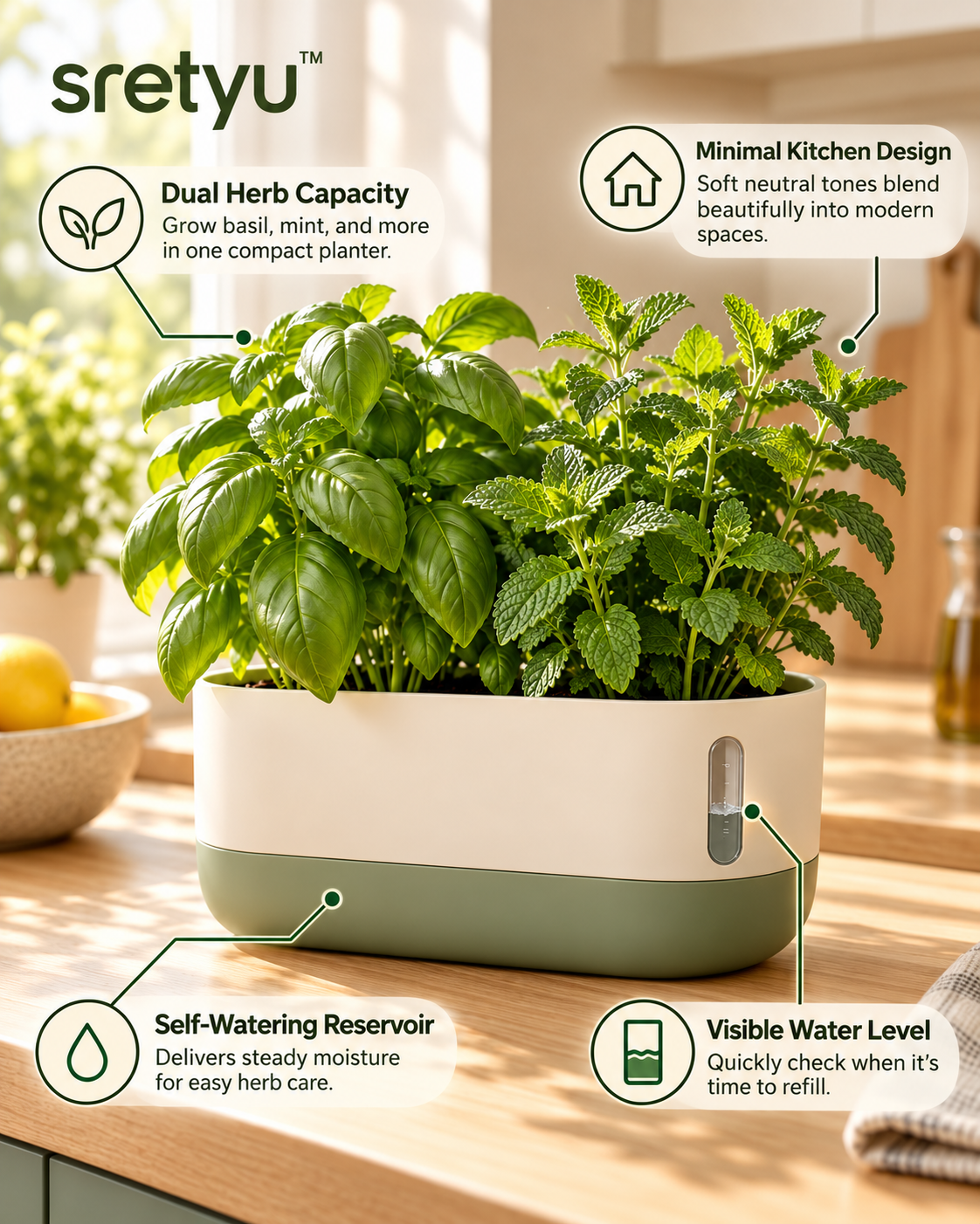 sretyu self-watering herb planter feature overview showing dual herb capacity, built-in reservoir and visible water level
