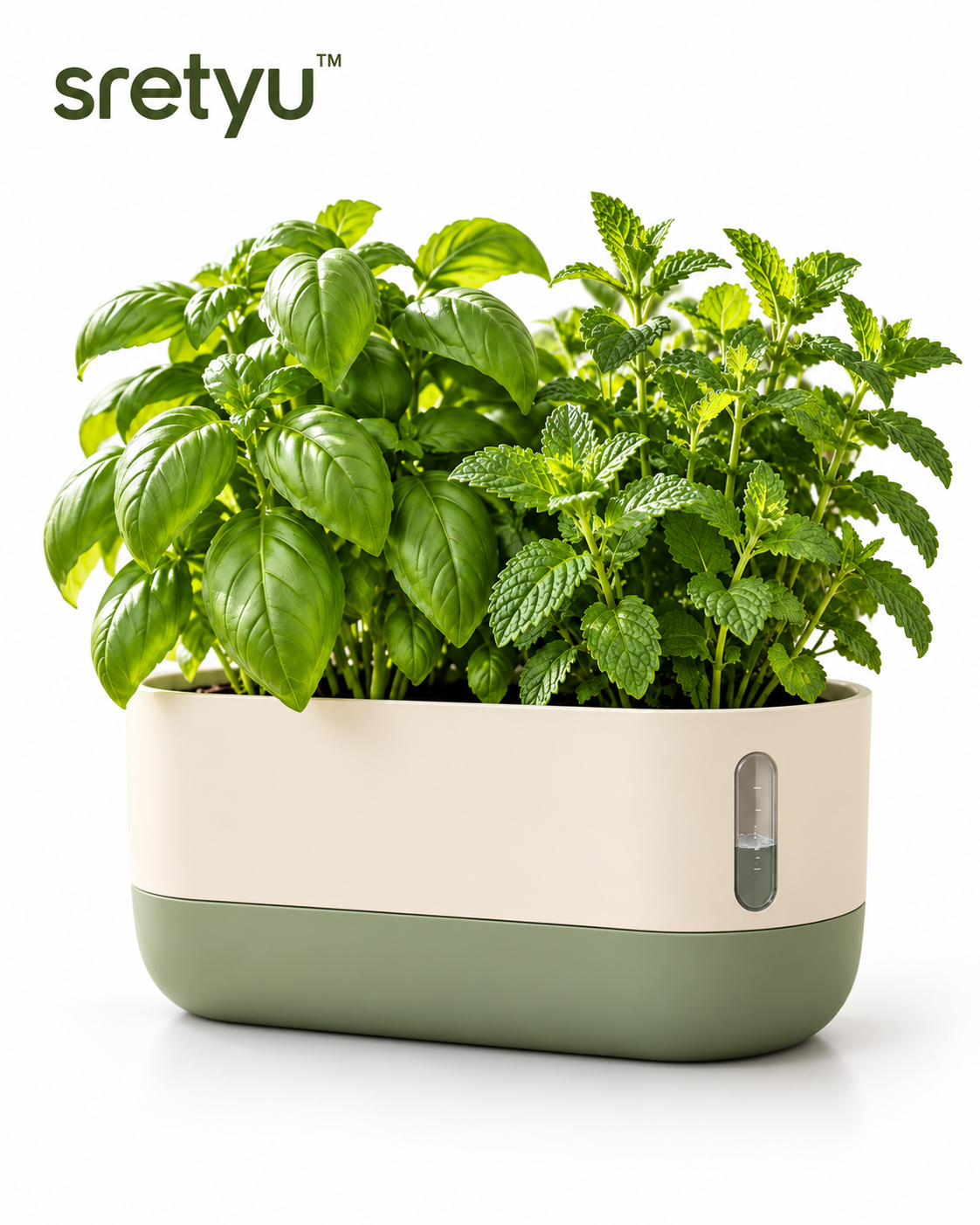sretyu cream and sage-green self-watering herb planter with basil and mint on a white background