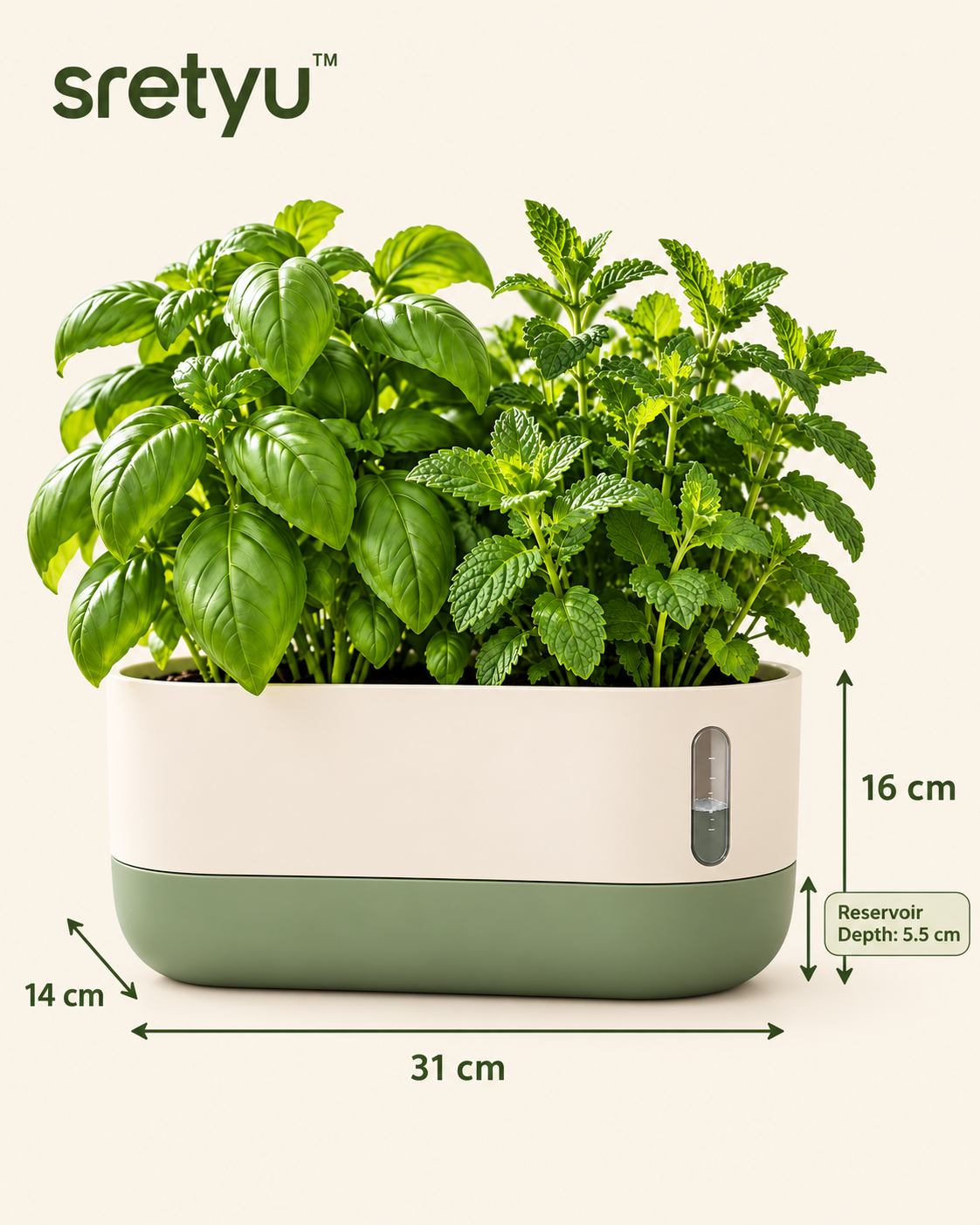 sretyu self-watering herb planter dimensions: 12.2 inches wide, 5.5 inches deep and 6.3 inches high