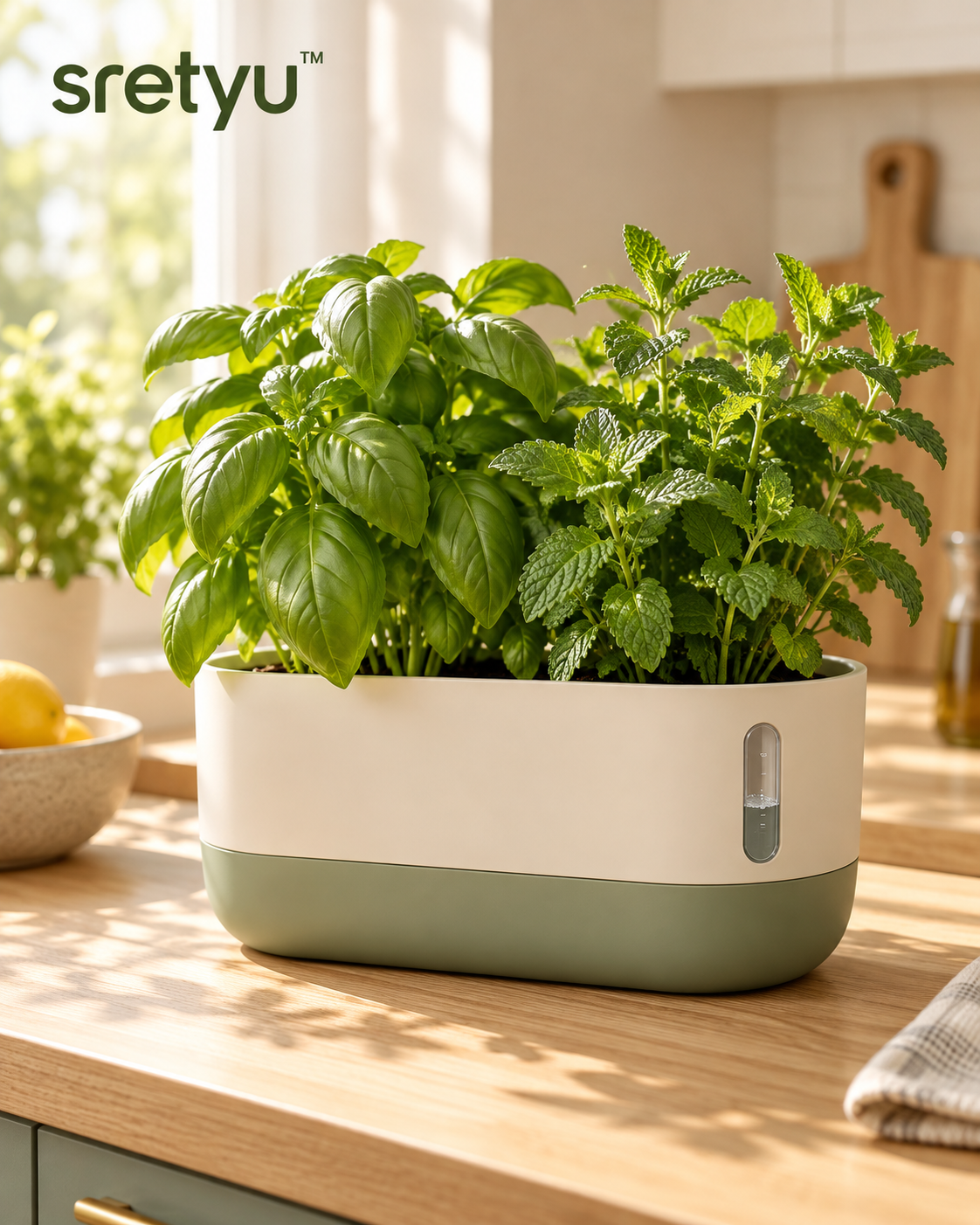 sretyu self-watering dual herb planter in cream and sage green on a bright kitchen counter