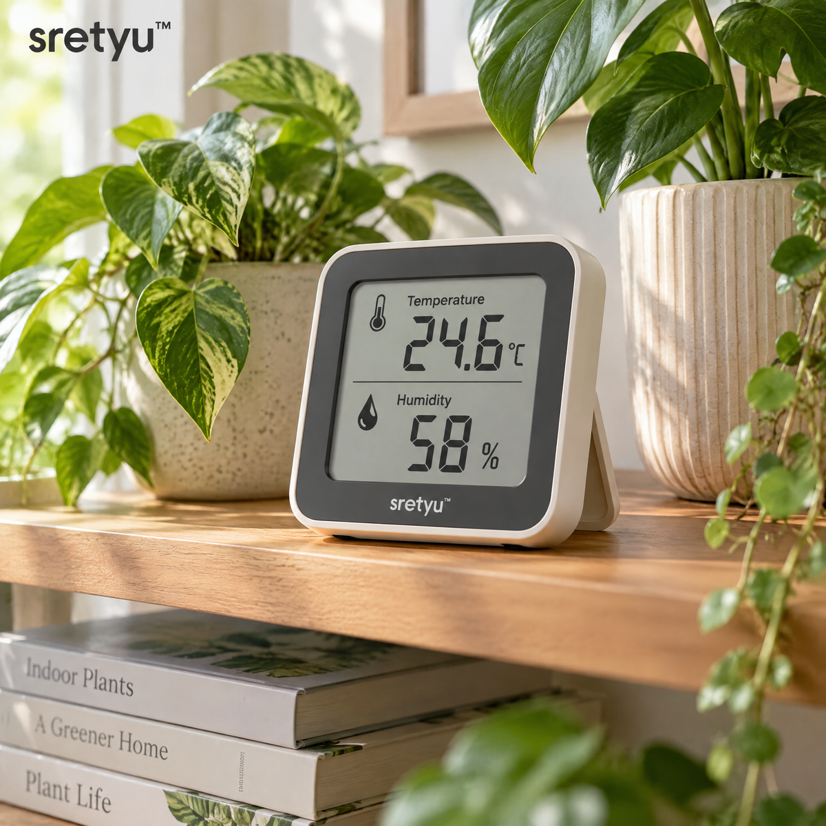 sretyu indoor temperature and humidity monitor on a plant shelf