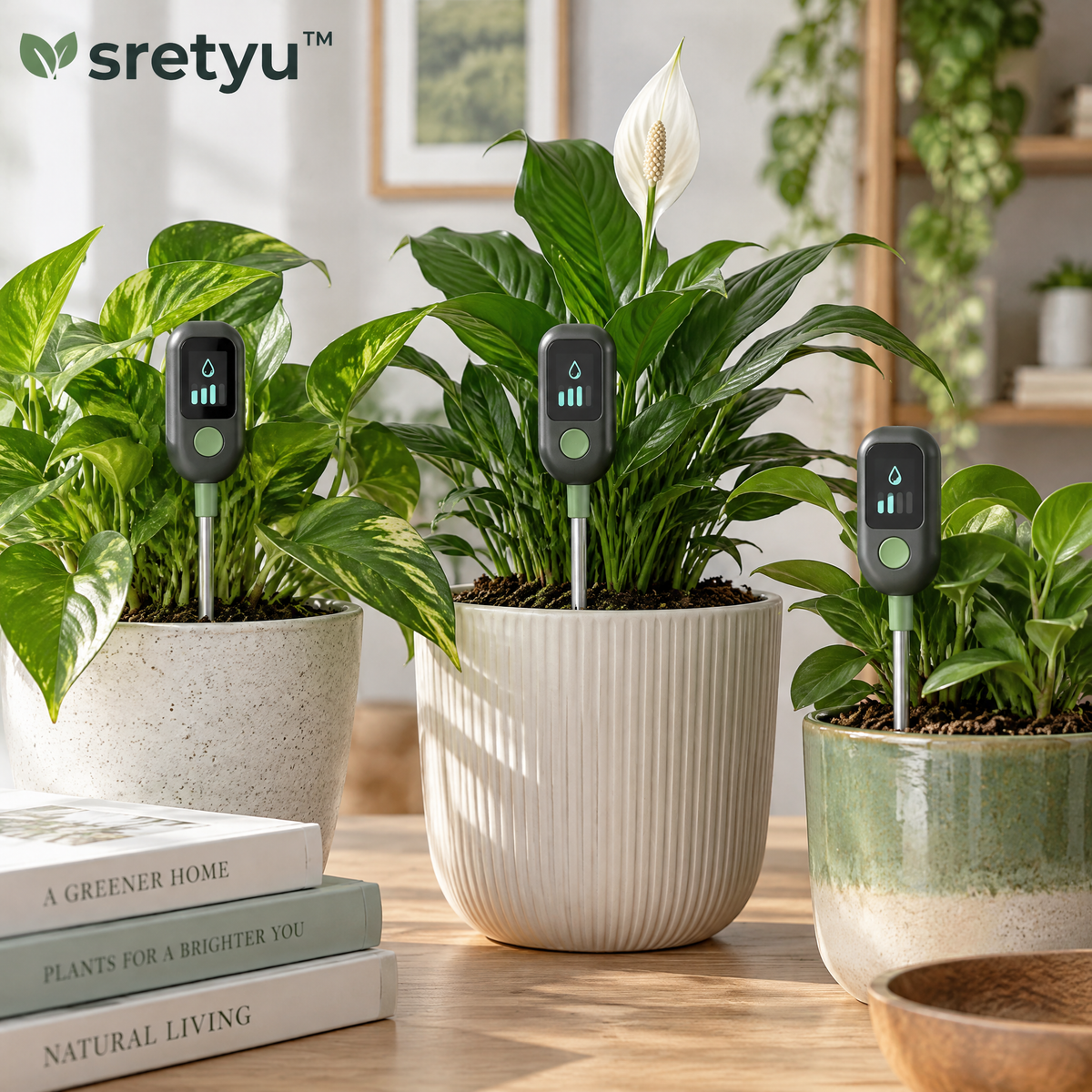 sretyu digital soil moisture monitors inserted into indoor plant pots