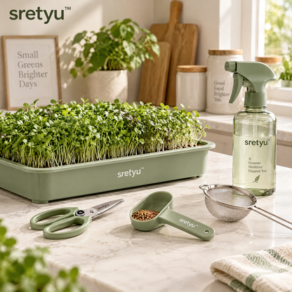 sretyu microgreens tray and growing tools styled on a kitchen counter