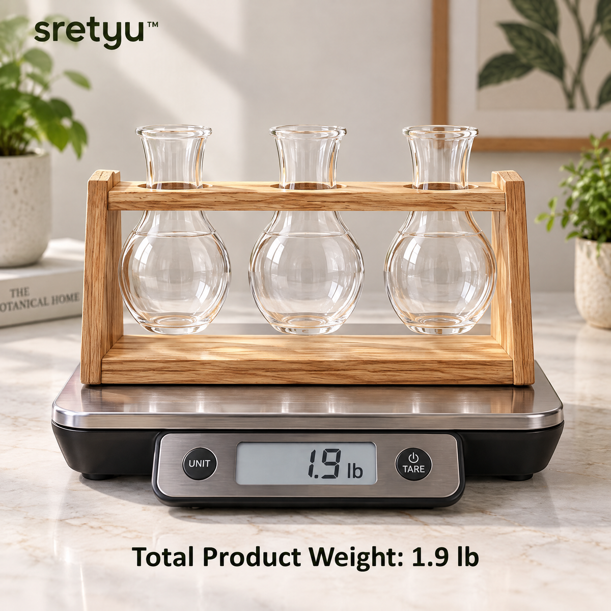 sretyu wooden propagation rack and three empty glass vases on a scale showing 1.9 pounds