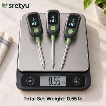 sretyu set of three digital soil moisture monitors shown together with total set weight