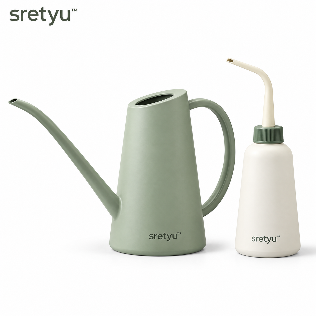 sretyu sage watering can and ivory precision squeeze bottle on a white background