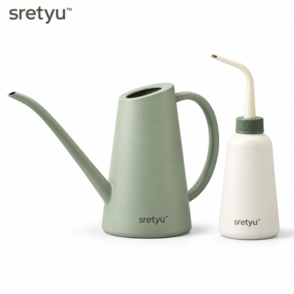 sretyu sage watering can and ivory precision squeeze bottle on a white background