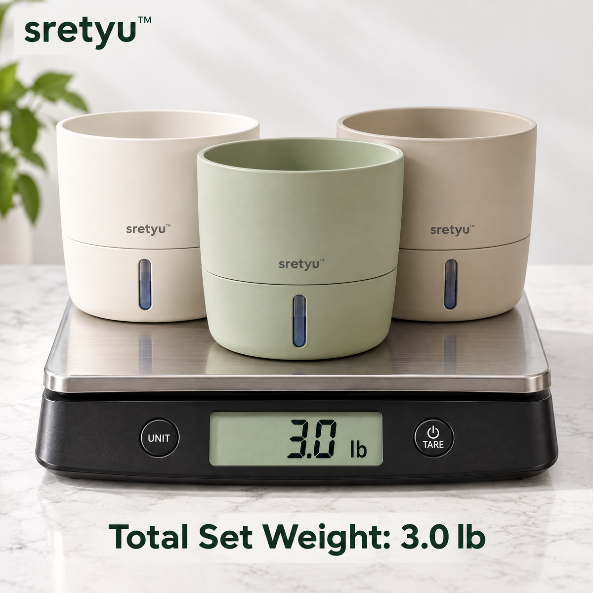 sretyu coordinated white, sage and beige self-watering planter set with total set weight