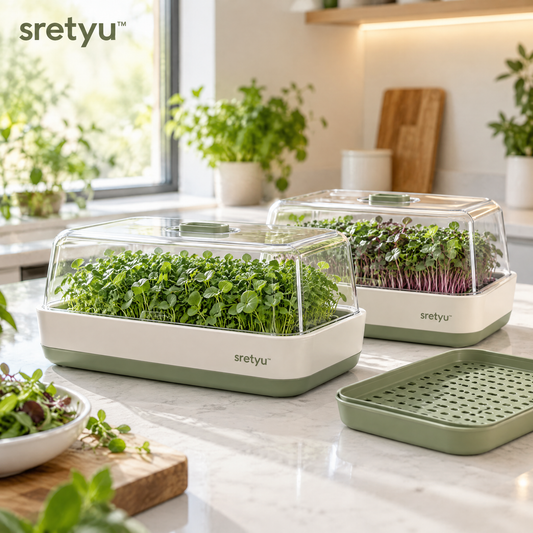 sretyu desktop micro-growing kit with clear cover and green growing trays