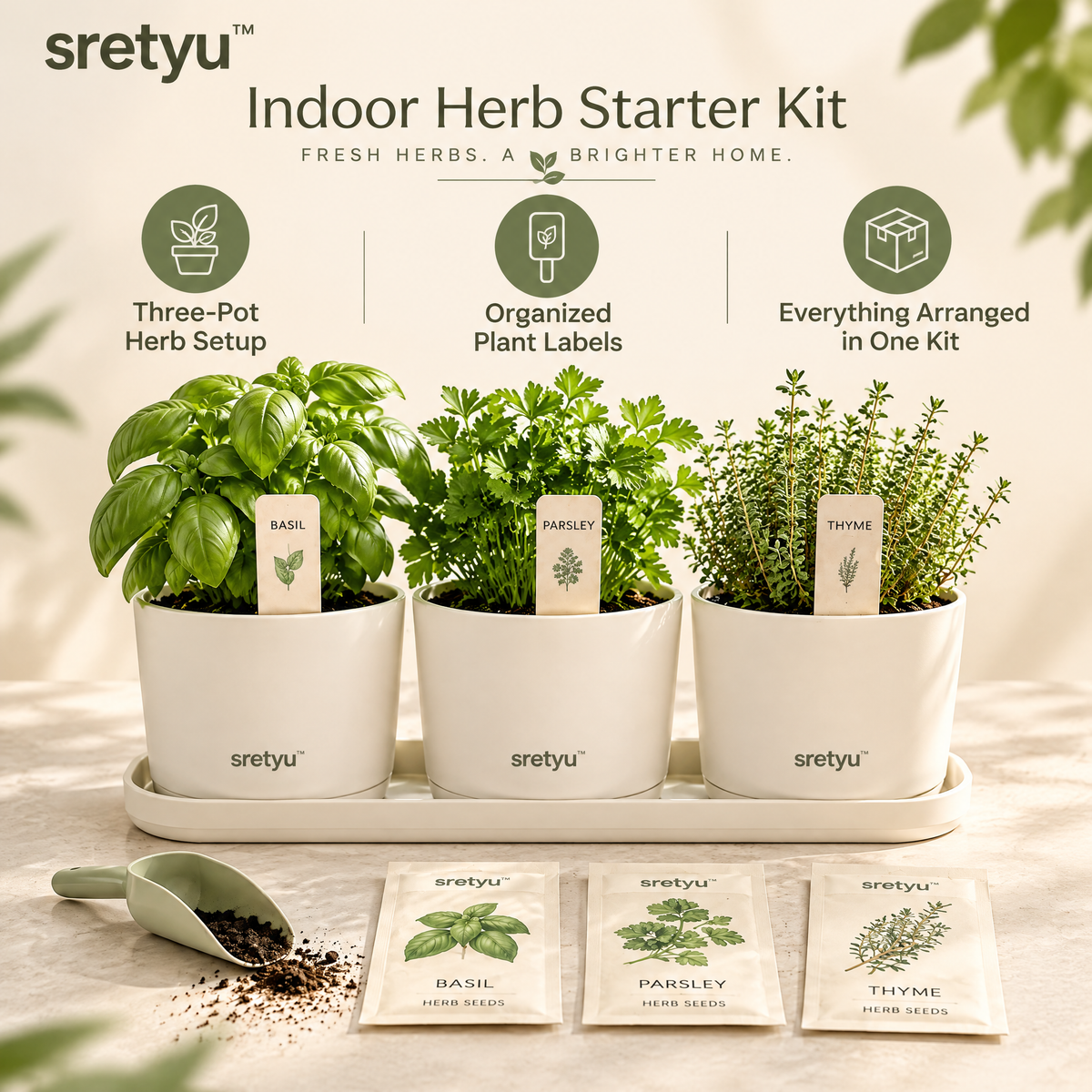 sretyu indoor herb starter kit showing three-pot setup, plant labels and included components