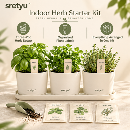 sretyu indoor herb starter kit showing three-pot setup, plant labels and included components