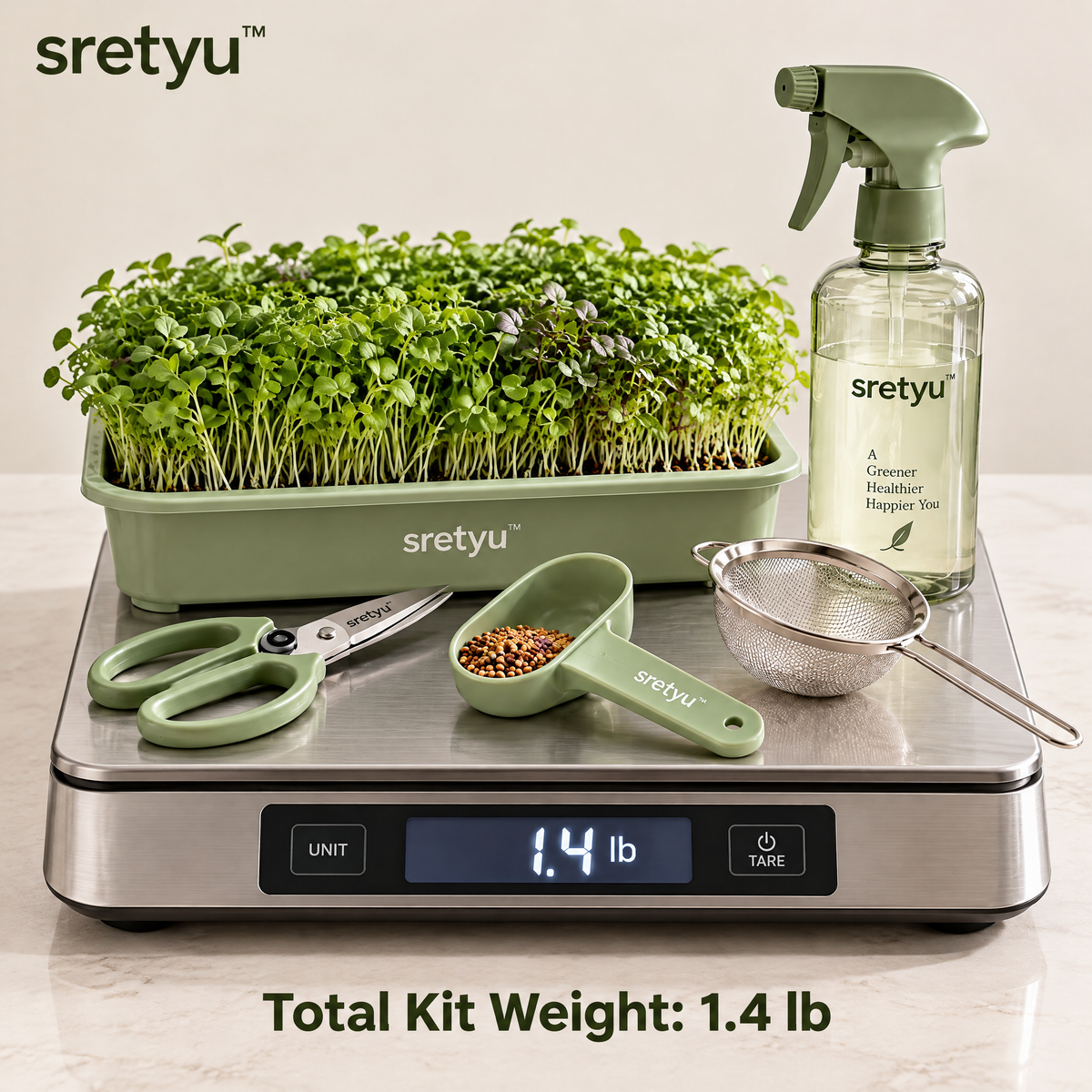 sretyu microgreens growing tray with spray bottle, pruning snips, scoop and mesh sieve on a scale