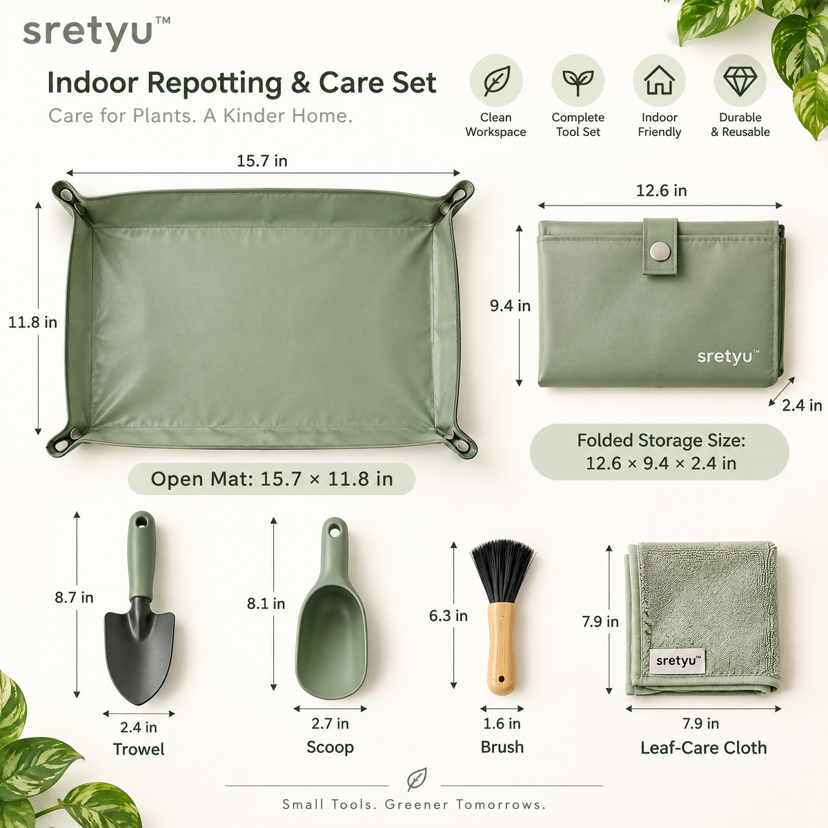 sretyu indoor repotting care set with dimensions for the mat, trowel, scoop, brush and cloth
