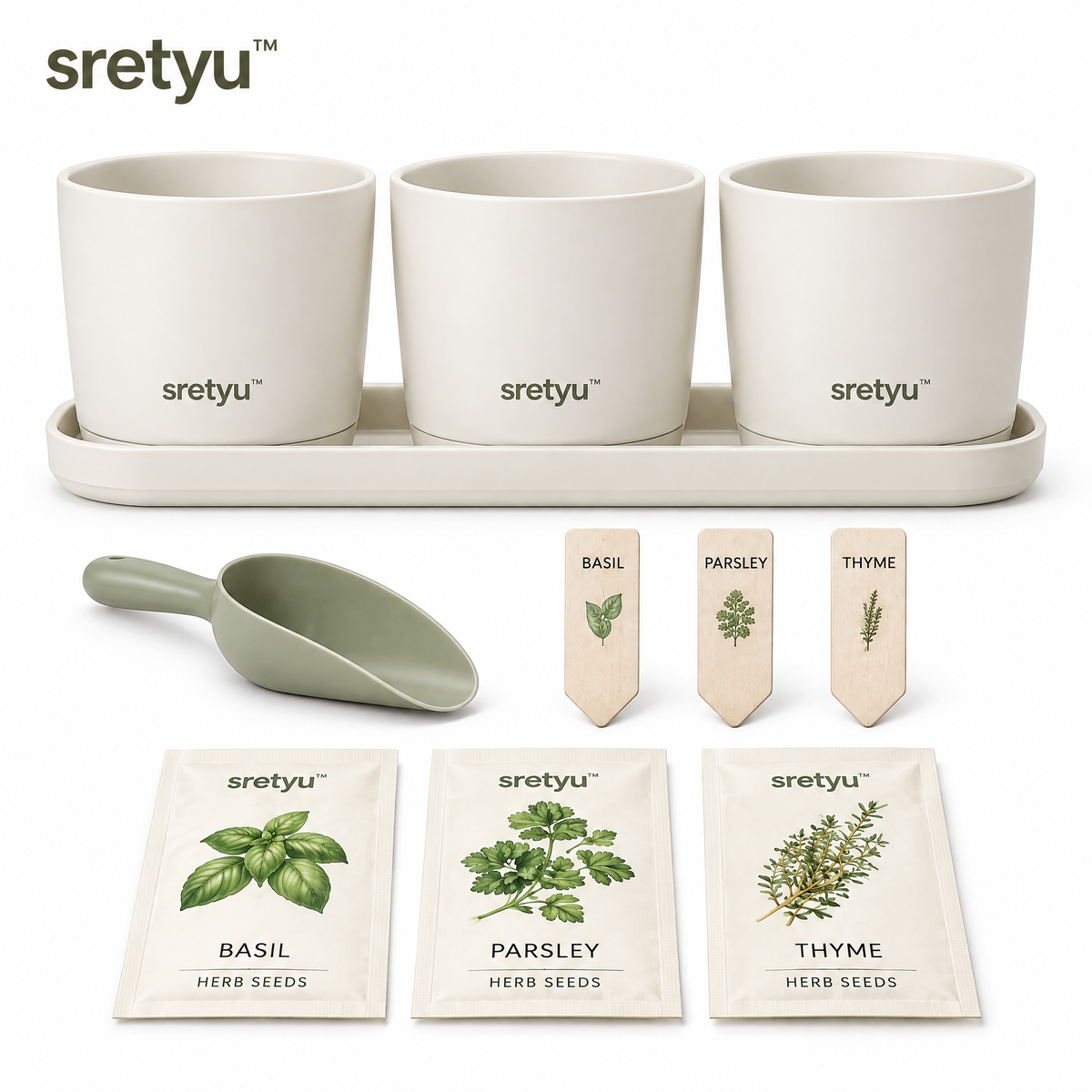 sretyu three-pot indoor herb starter kit with drip tray, scoop, labels and seed packets