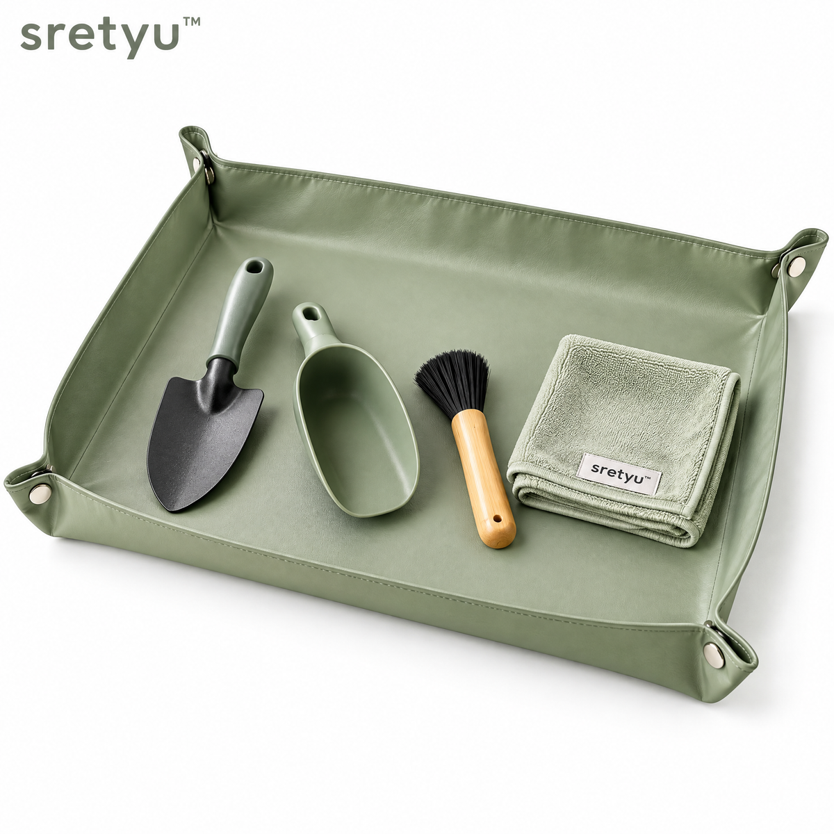 sretyu sage-green foldable repotting mat with hand trowel, soil scoop, brush and leaf-care cloth on a white background