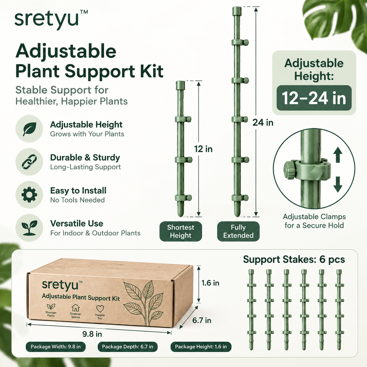 sretyu plant support stake height range from 12 to 24 inches and package dimensions