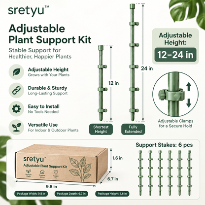 sretyu plant support stake height range from 12 to 24 inches and package dimensions