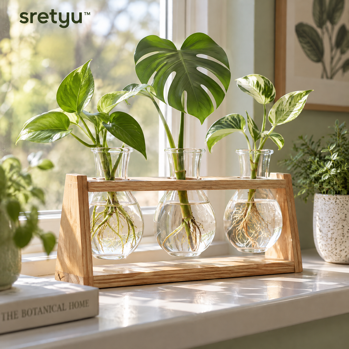 sretyu three-vase glass propagation rack displayed with rooted plant cuttings