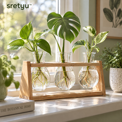 sretyu three-vase glass propagation rack displayed with rooted plant cuttings