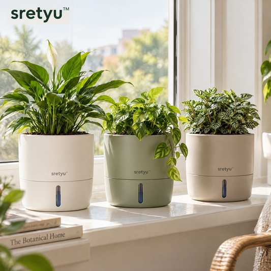 sretyu self-watering planter set styled with indoor foliage