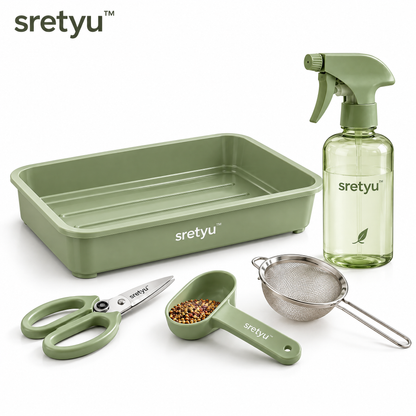 sretyu microgreens tray, spray bottle, pruning snips, seed scoop and mesh sieve on a white background
