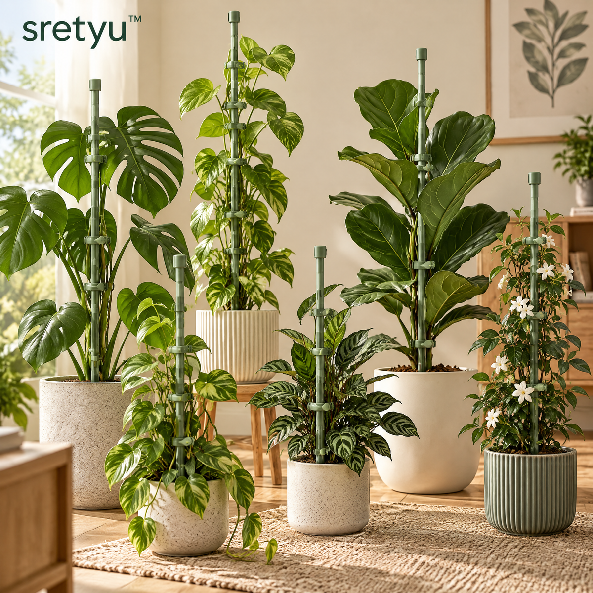 sretyu adjustable sage-green plant support stakes used with indoor potted plants