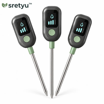 sretyu digital soil moisture monitors close-up showing screen and probe design