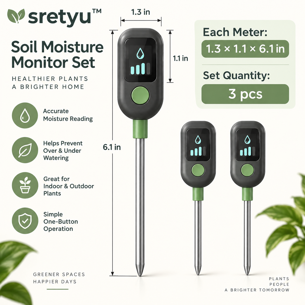 sretyu three-piece soil moisture monitor set with dimensions and usage highlights