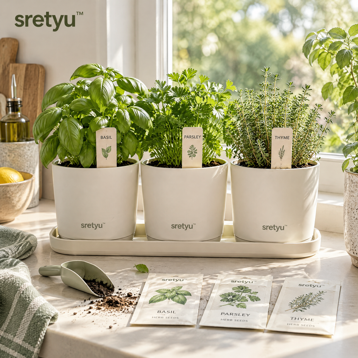 sretyu indoor herb starter kit with three ivory pots, drip tray and basil parsley thyme seed packets