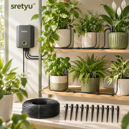 sretyu automatic drip irrigation kit arranged across indoor plant shelves