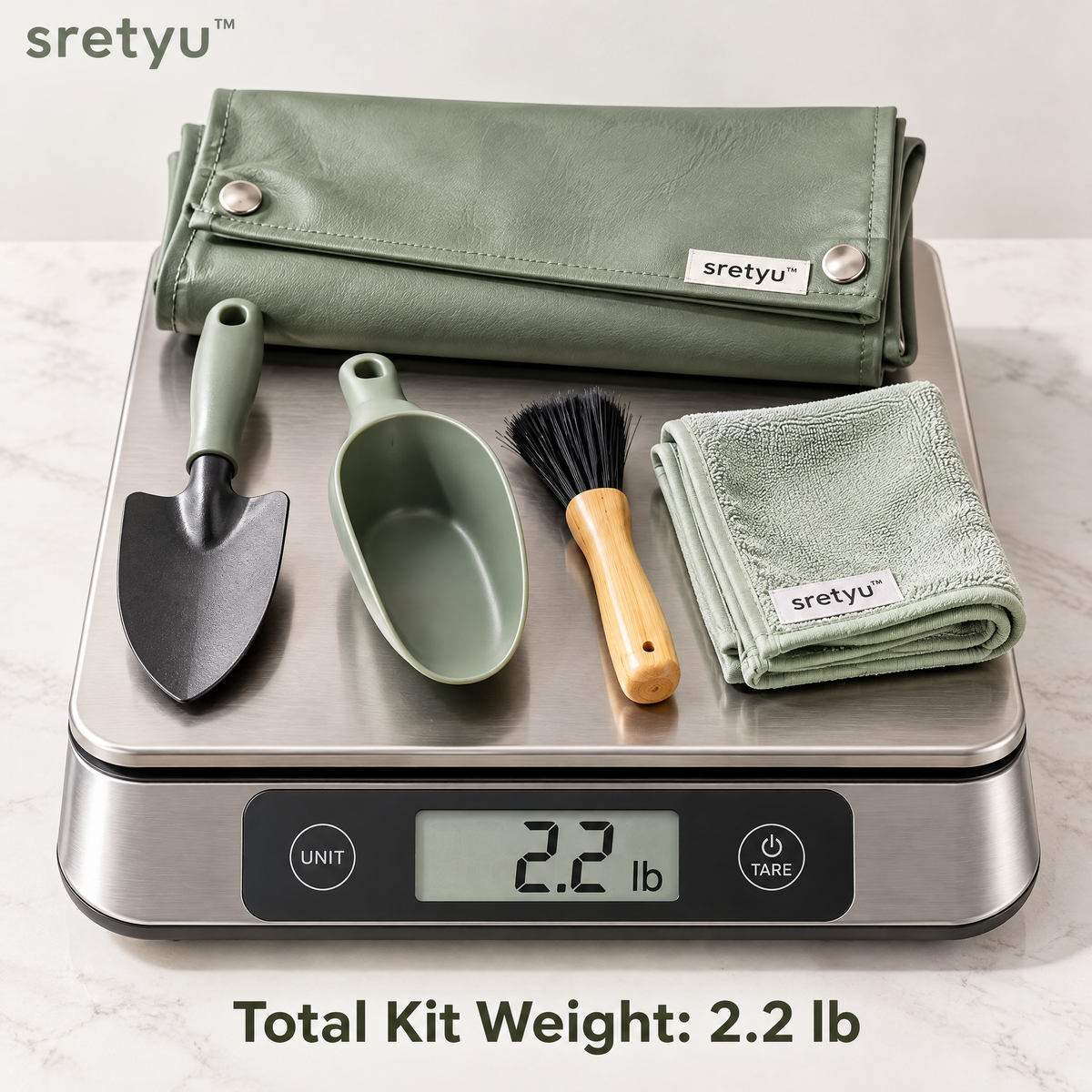 sretyu indoor repotting and care set on a scale showing total kit weight of 2.2 pounds