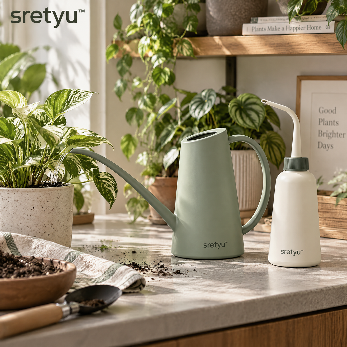 sretyu precision watering tool set styled on a plant-care counter