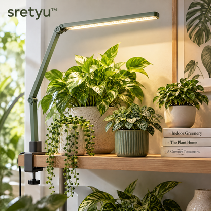 sretyu adjustable LED plant light arranged over a group of indoor plants