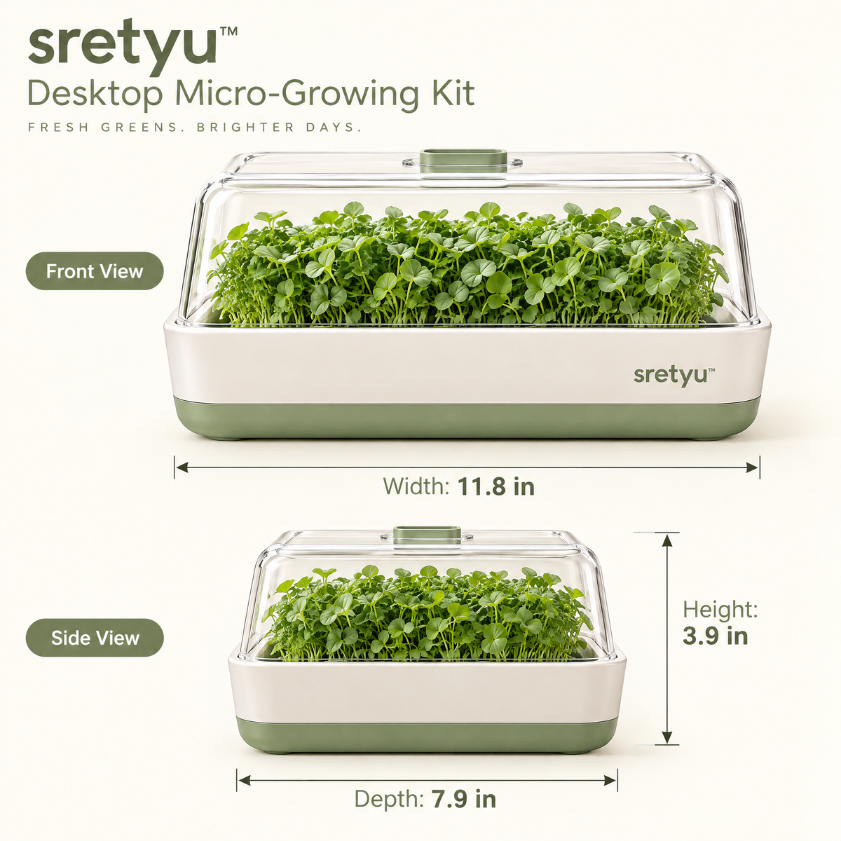 sretyu micro-growing kit dimensions: 11.8 inches wide, 7.9 inches deep and 3.9 inches high
