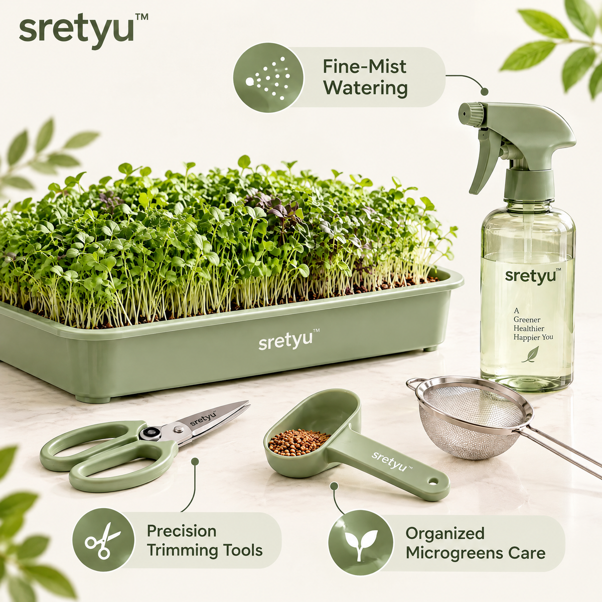 sretyu microgreens tool kit highlighting fine-mist watering and pruning tools