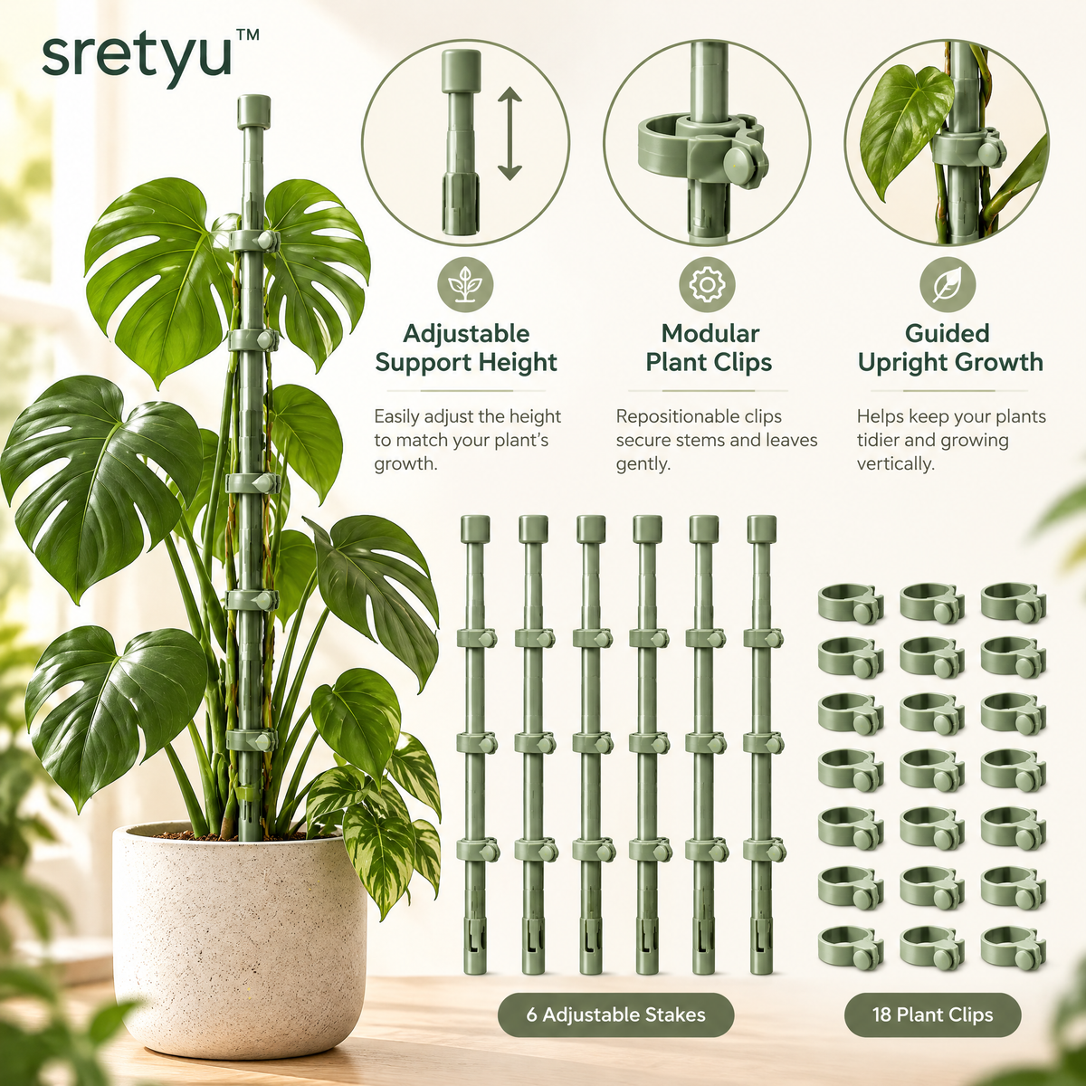 sretyu adjustable plant support kit with six adjustable stakes and eighteen modular plant clips