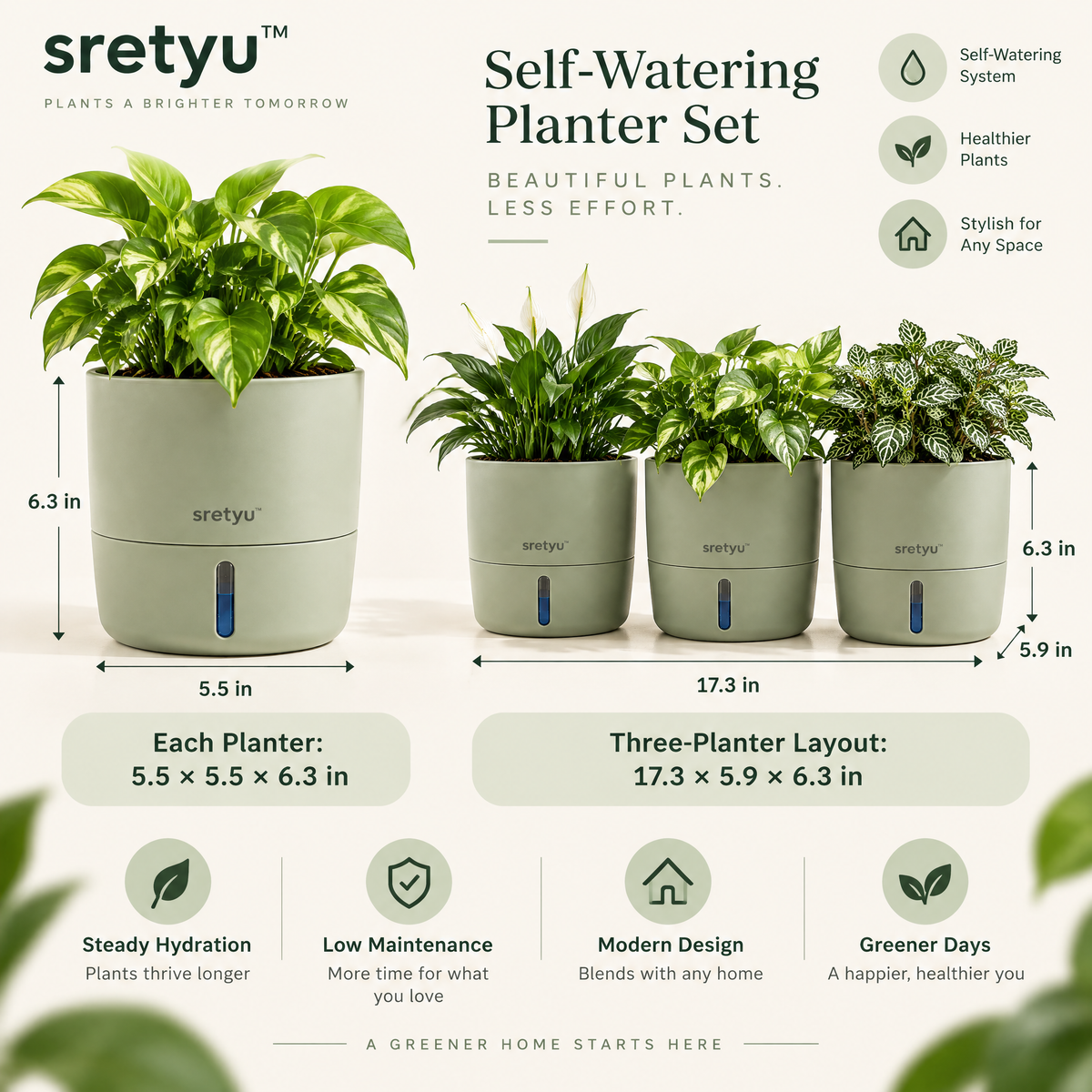 sretyu self-watering planter set dimensions and reservoir features