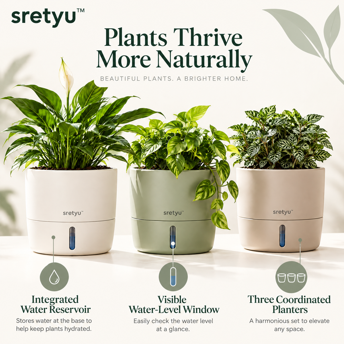 sretyu three self-watering planters with integrated reservoirs and water-level windows