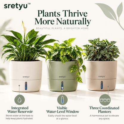 sretyu three self-watering planters with integrated reservoirs and water-level windows