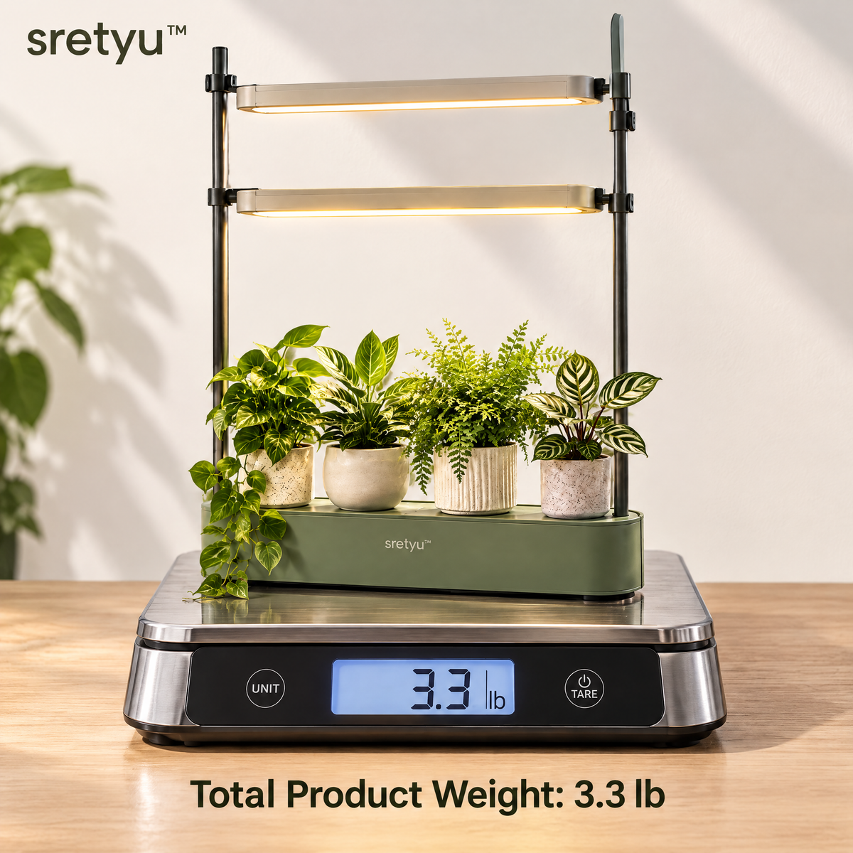 sretyu adjustable grow light stand shown on a scale with total product weight