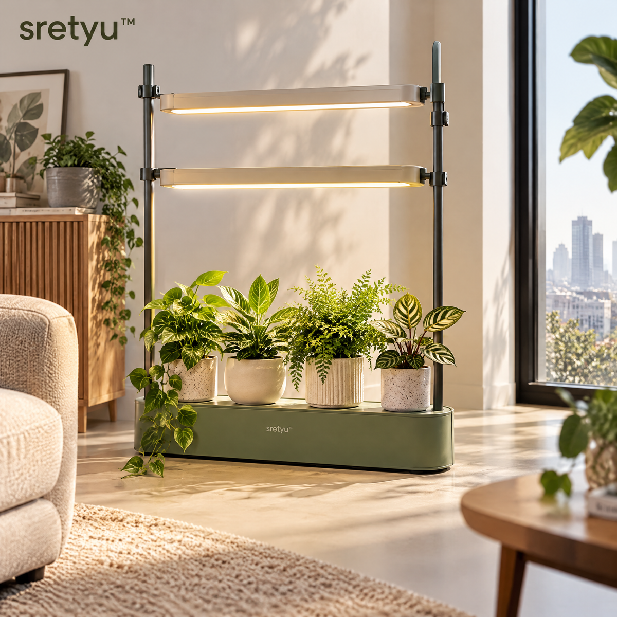 sretyu two-bar indoor grow light stand displayed with potted houseplants