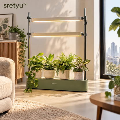 sretyu two-bar indoor grow light stand displayed with potted houseplants