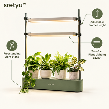 sretyu freestanding plant light stand showing adjustable frame and two-bar layout