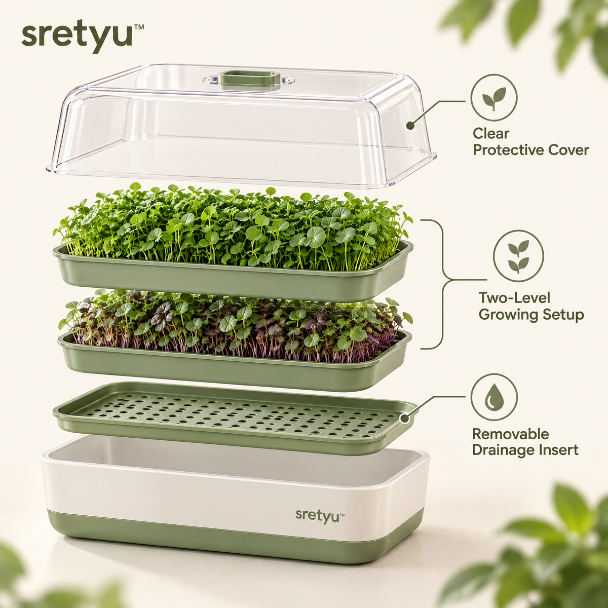 exploded view of sretyu micro-growing kit showing cover, trays, drainage insert and base
