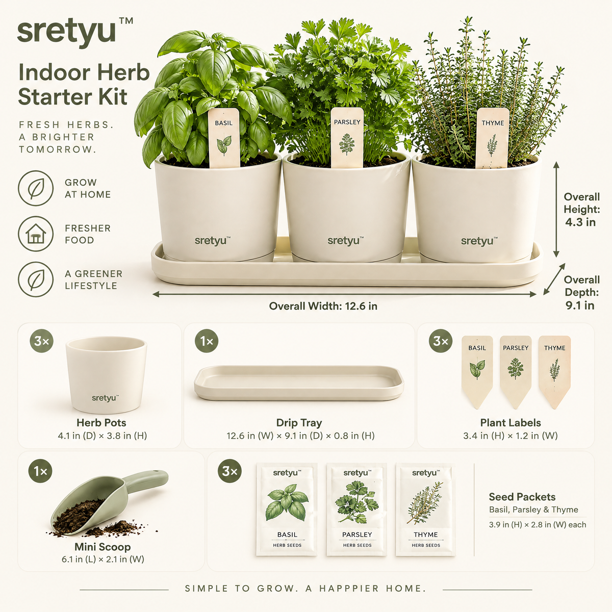 sretyu herb starter kit dimensions for pots, tray, labels, scoop and seed packets