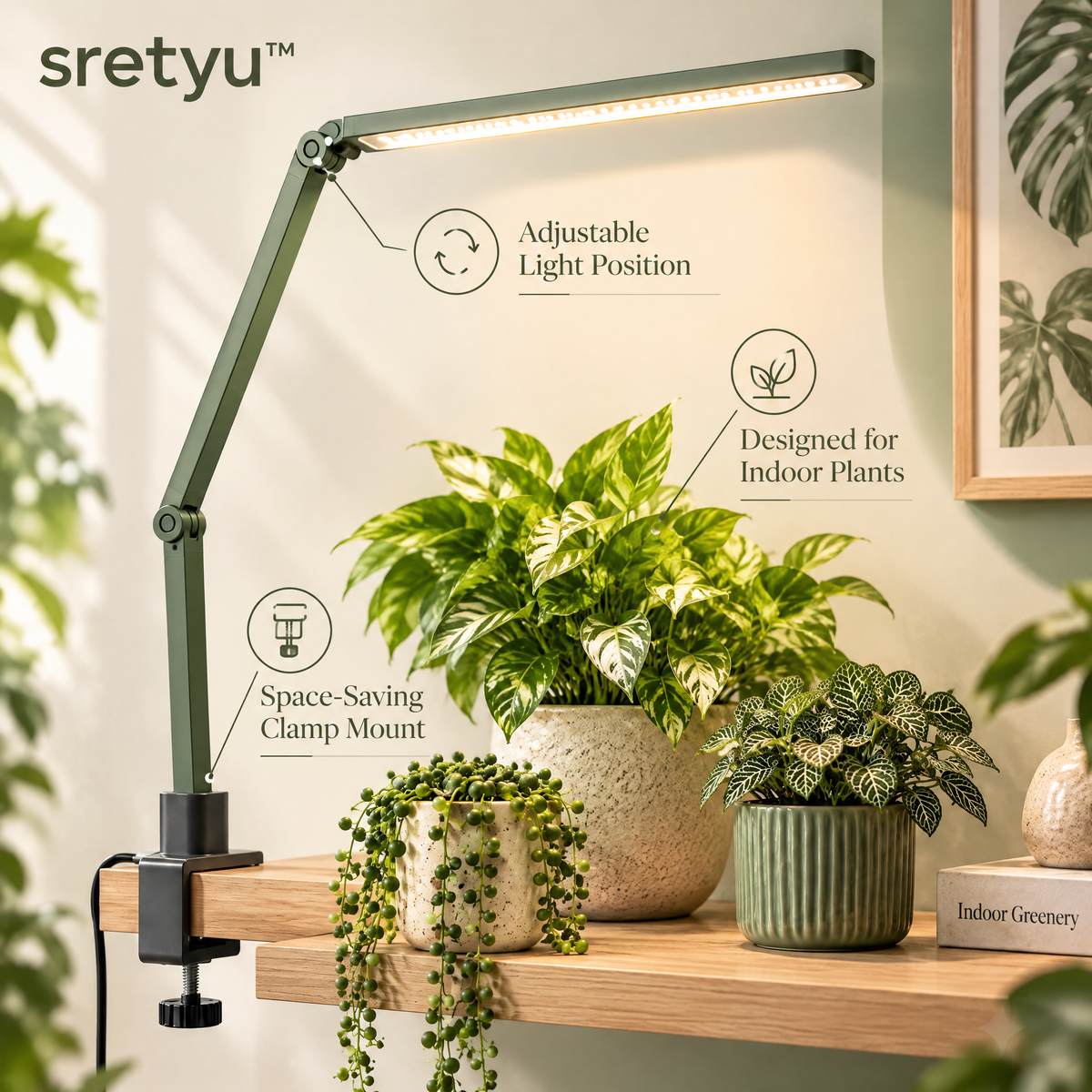 sretyu adjustable clamp-mount LED plant grow light beside indoor plants