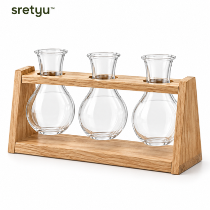 sretyu natural wood rack with three clear glass propagation vases on a white background