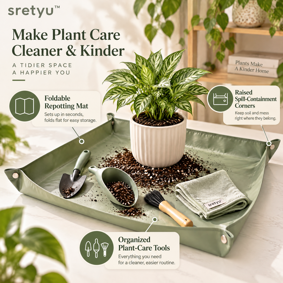 sretyu foldable repotting mat with raised spill-containment corners and coordinated plant care tools
