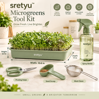 sretyu microgreens tool kit with tray dimensions and included tools